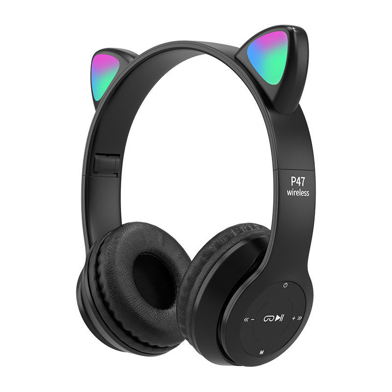 P47 Cute Cat Ear Bluetooth Headset Wireless Over-The-Ear Headphones With Mic Noise Cancelling Kid Girl Stereo Music Headset Foldable