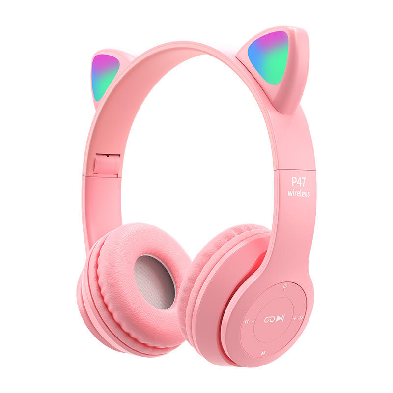 P47 Cute Cat Ear Bluetooth Headset Wireless Over-The-Ear Headphones With Mic Noise Cancelling Kid Girl Stereo Music Headset Foldable