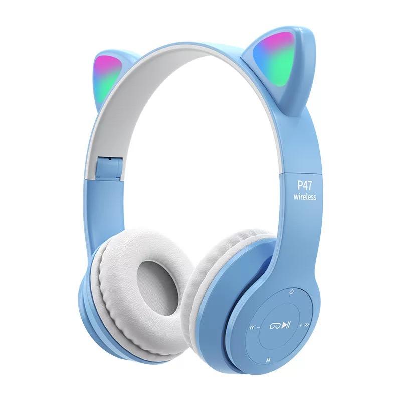 P47 Cute Cat Ear Bluetooth Headset Wireless Over-The-Ear Headphones With Mic Noise Cancelling Kid Girl Stereo Music Headset Foldable