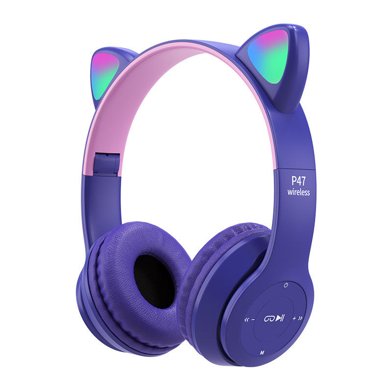P47 Cute Cat Ear Bluetooth Headset Wireless Over-The-Ear Headphones With Mic Noise Cancelling Kid Girl Stereo Music Headset Foldable