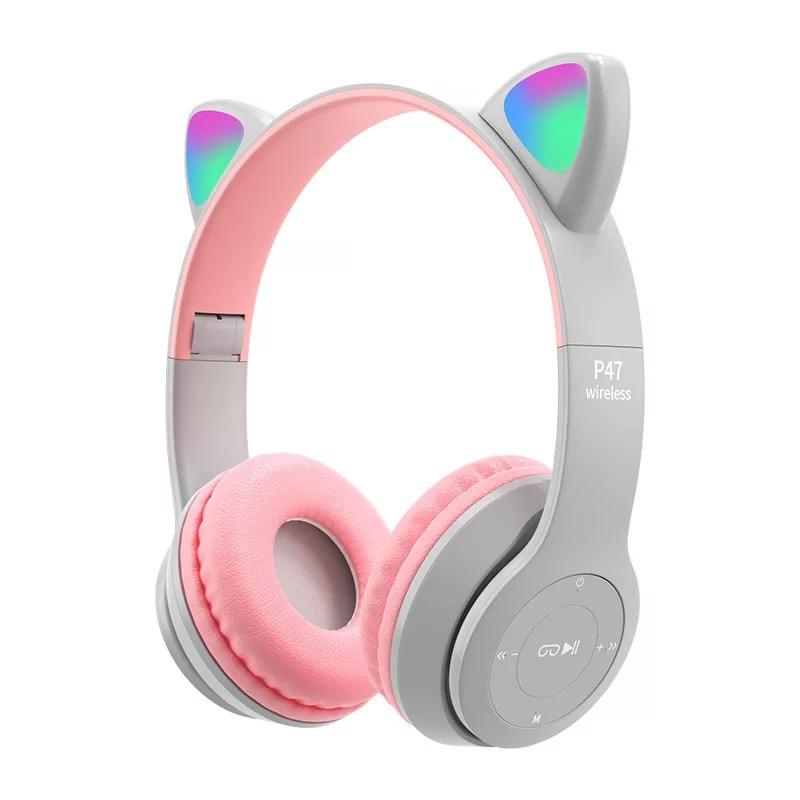 P47 Cute Cat Ear Bluetooth Headset Wireless Over-The-Ear Headphones With Mic Noise Cancelling Kid Girl Stereo Music Headset Foldable