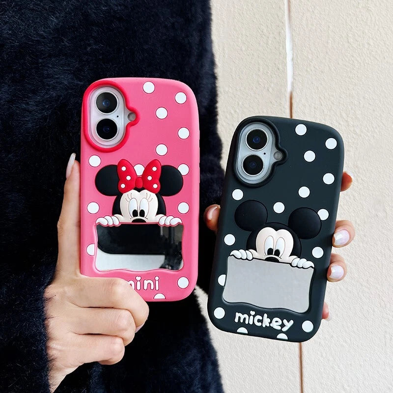 CUTE CARTOON POLKA DOT MICKEY & MINNIE MOUSE SILICONE CASE  WITH MAKEUP MIRROR COVER -