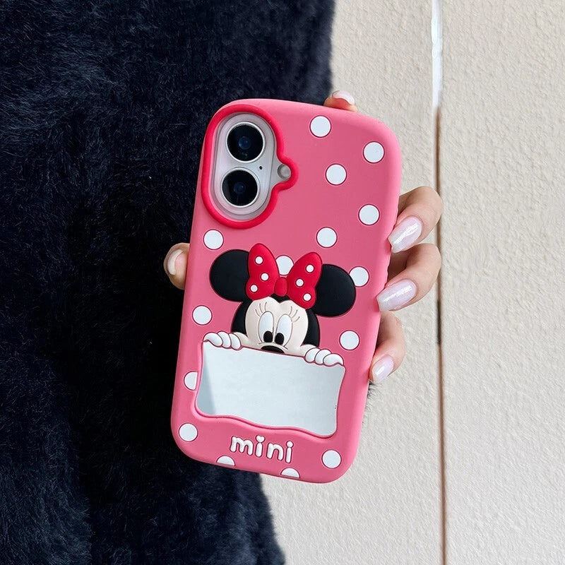 CUTE CARTOON POLKA DOT MICKEY & MINNIE MOUSE SILICONE CASE  WITH MAKEUP MIRROR COVER -