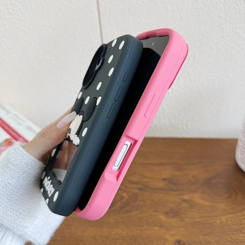 CUTE CARTOON POLKA DOT MICKEY & MINNIE MOUSE SILICONE CASE  WITH MAKEUP MIRROR COVER -