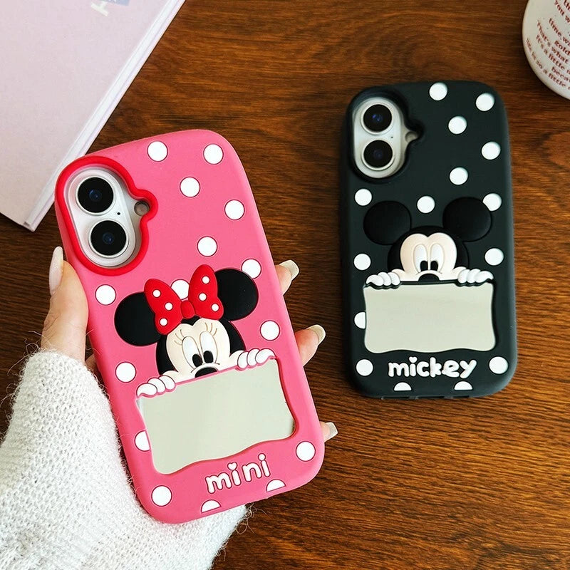 CUTE CARTOON POLKA DOT MICKEY & MINNIE MOUSE SILICONE CASE  WITH MAKEUP MIRROR COVER -