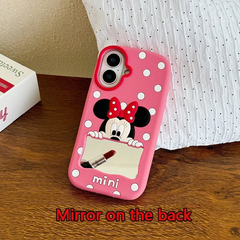 CUTE CARTOON POLKA DOT MICKEY & MINNIE MOUSE SILICONE CASE  WITH MAKEUP MIRROR COVER -