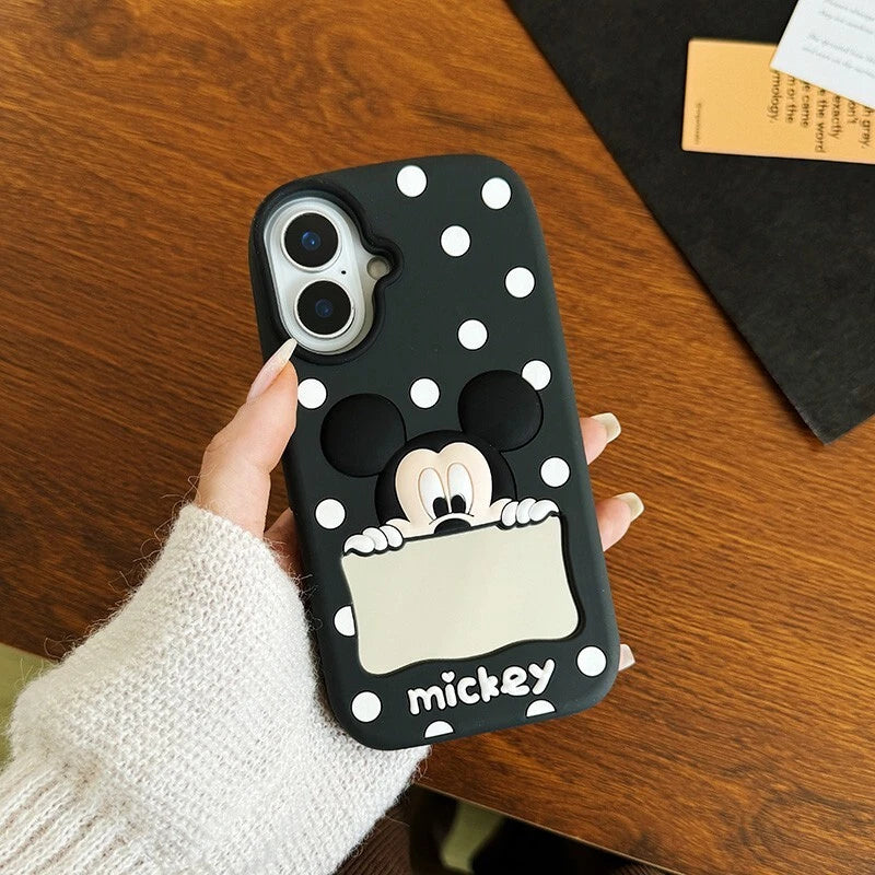 CUTE CARTOON POLKA DOT MICKEY & MINNIE MOUSE SILICONE CASE  WITH MAKEUP MIRROR COVER -